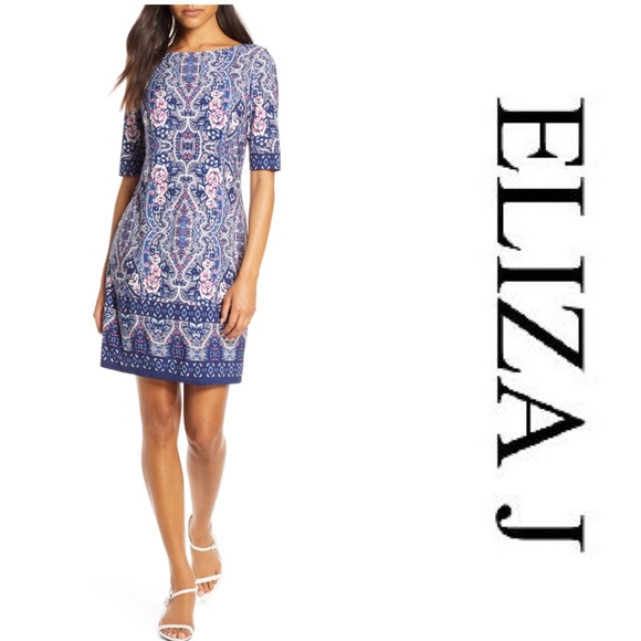 ELIZA J Print Bateau Neck Shift Dress In Ivory/ Navy - Picture 1 of 4